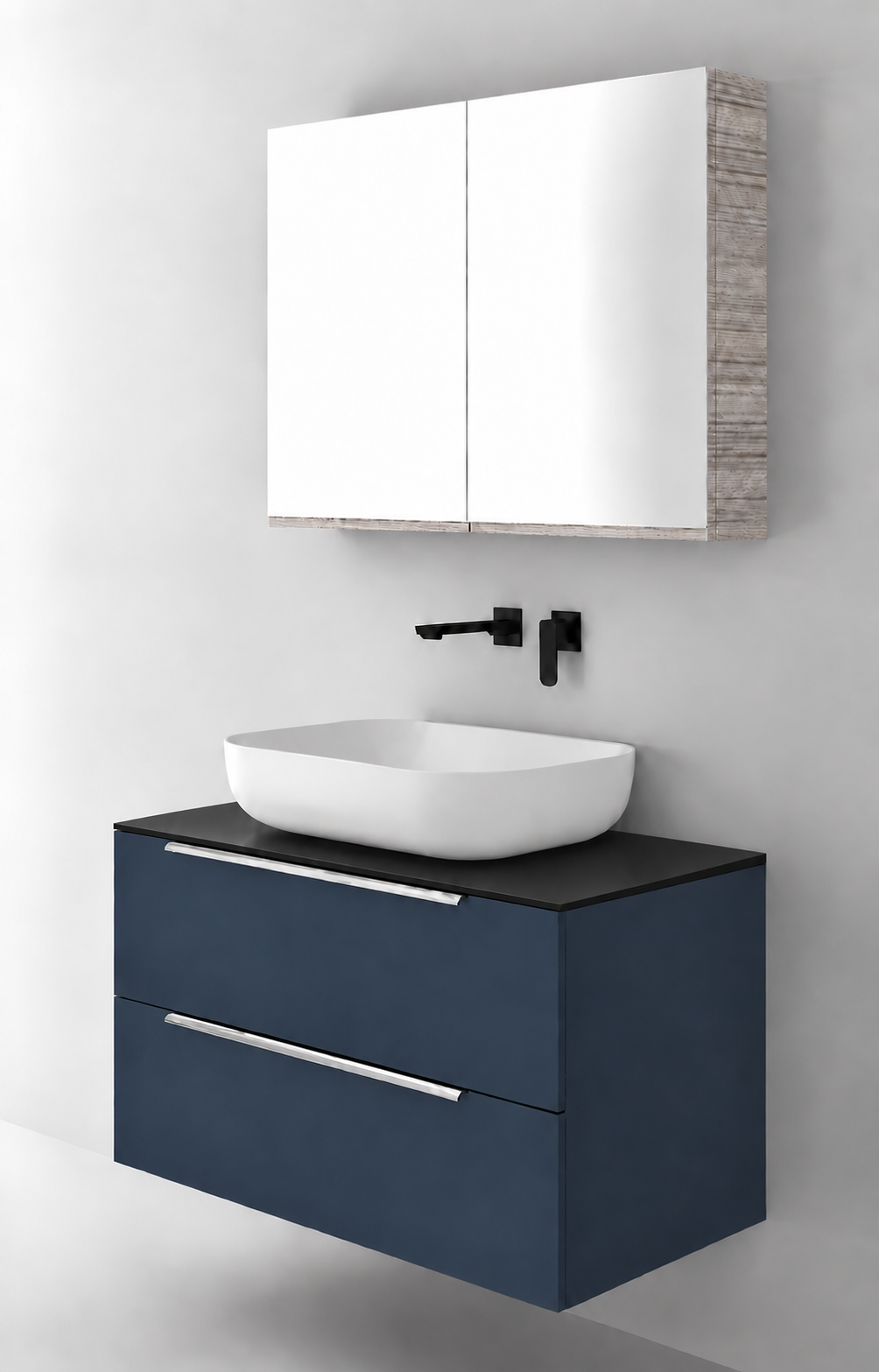 Orabella Solid Surface90 - Finish 167 / Black countertop / Two Drawers / Chrome handles