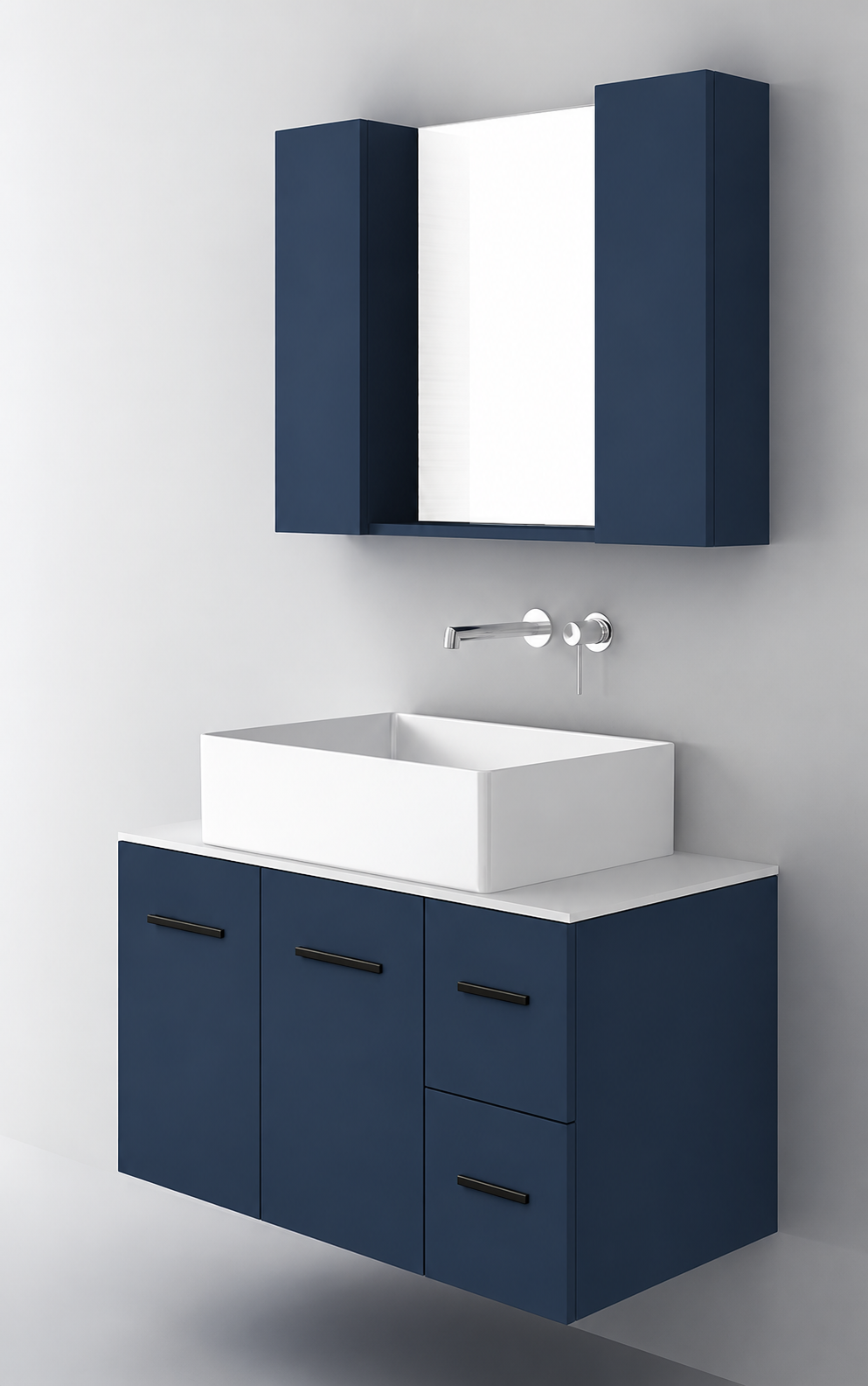 Orabella Solid Surface90 - Finish 167 / White countertop / Two Doors and Two Drawers / Black handles