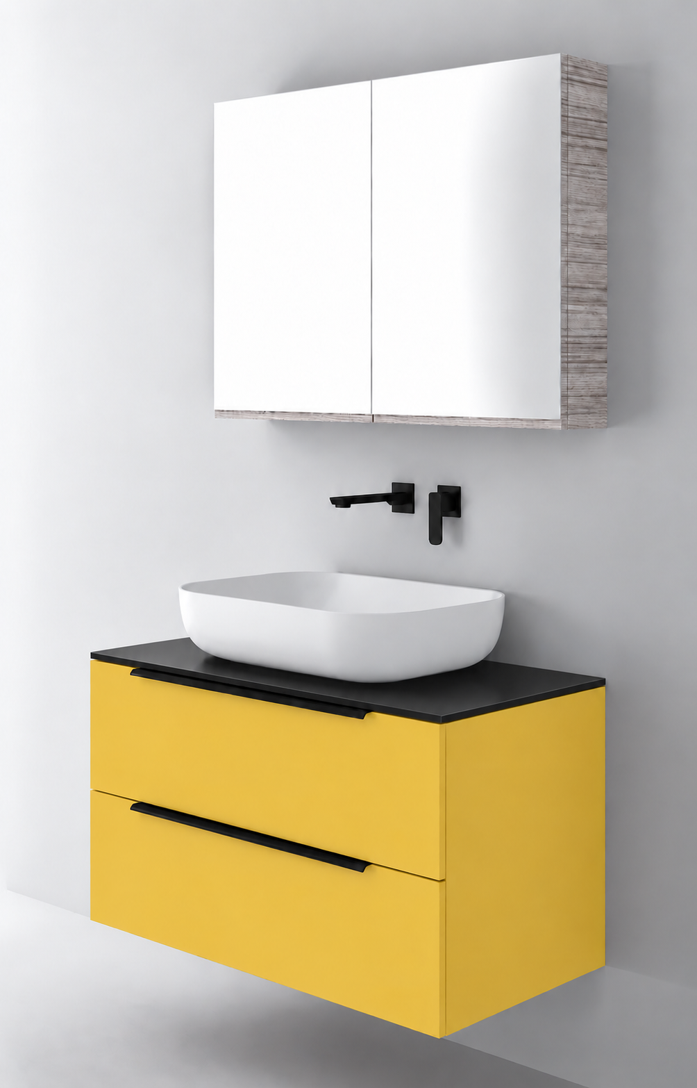 Orabella Solid Surface90 - Laminate 168 / Black countertop / Two Drawers / Black handles