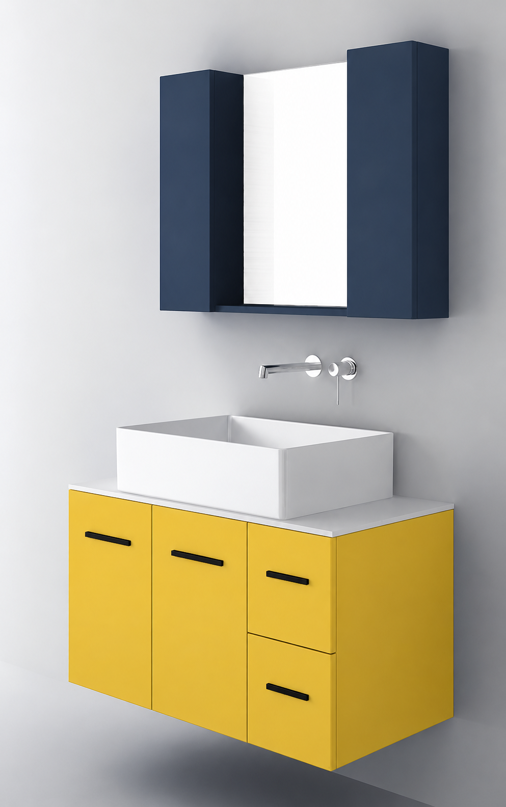 Orabella Solid Surface90 - Finish 168 / White countertop / Two Doors and Two Drawers / Black handles