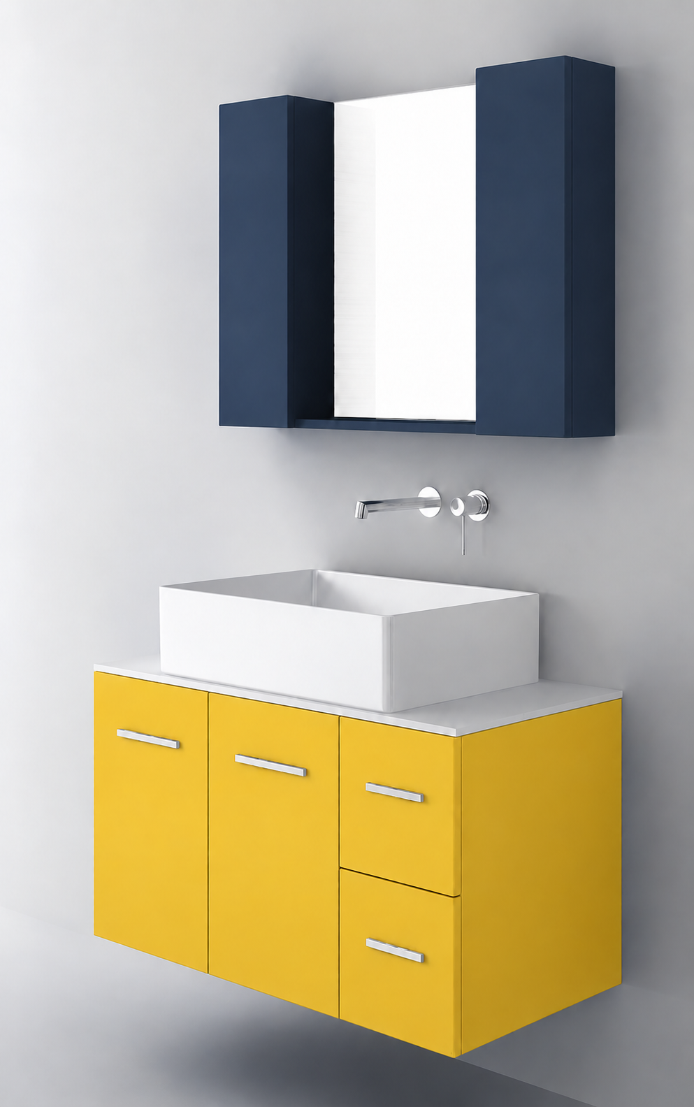 Orabella Solid Surface90 - Finish 168 / White countertop / Two Doors and Two Drawers / Chrome handles