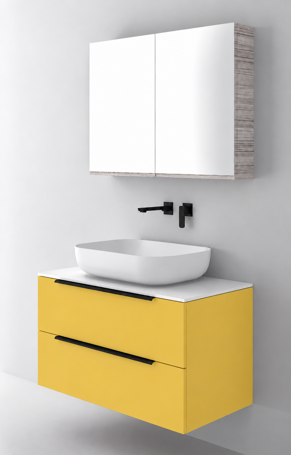 Orabella Solid Surface90 - Laminate 168 / White countertop / Two Drawers / Black handles