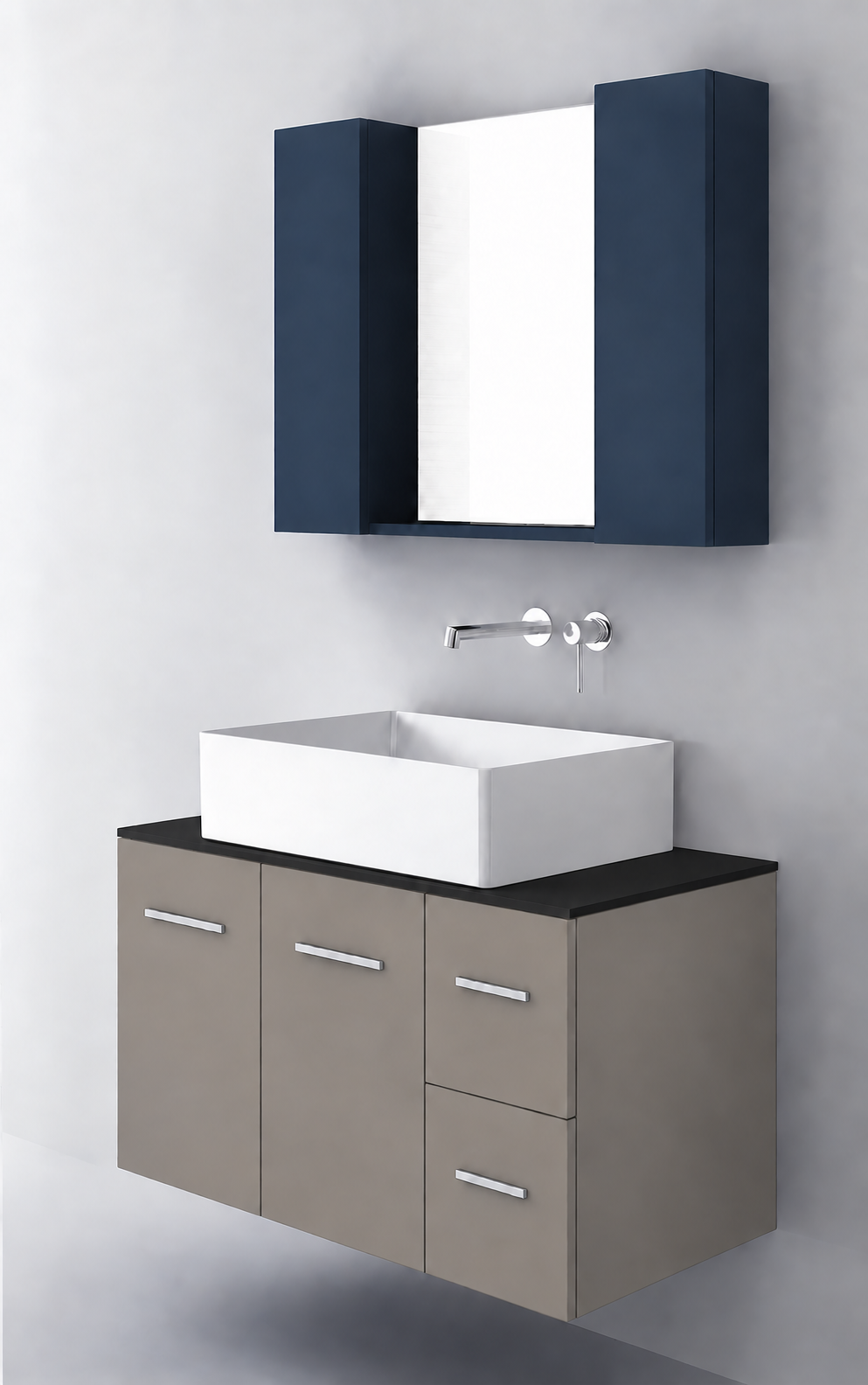 Orabella Solid Surface90 - Finish 194 / Black countertop / Two Doors and Two Drawers / Chrome handles