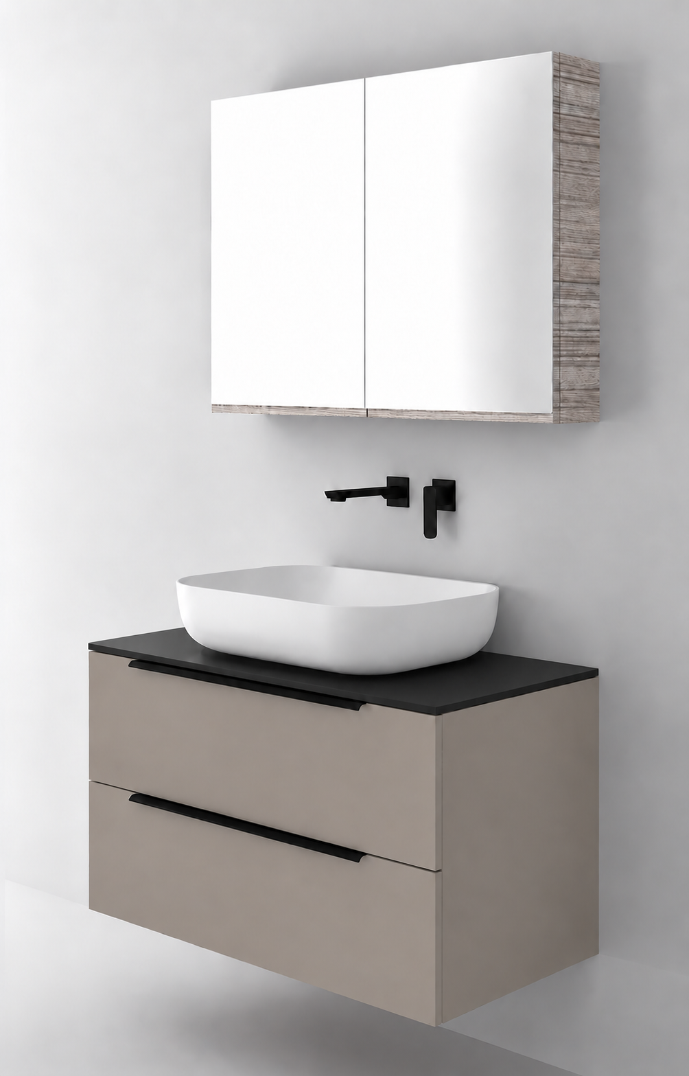 Orabella Solid Surface90 - Laminate 194 / Black countertop / Two Drawers / Black handles