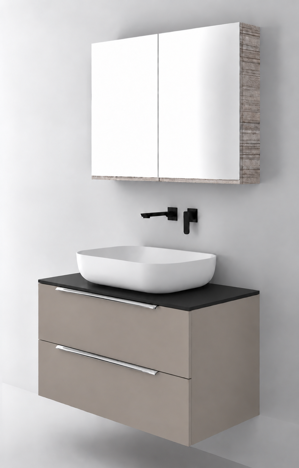 Orabella Solid Surface90 - Finish 194 / Black countertop / Two Drawers / Chrome handles