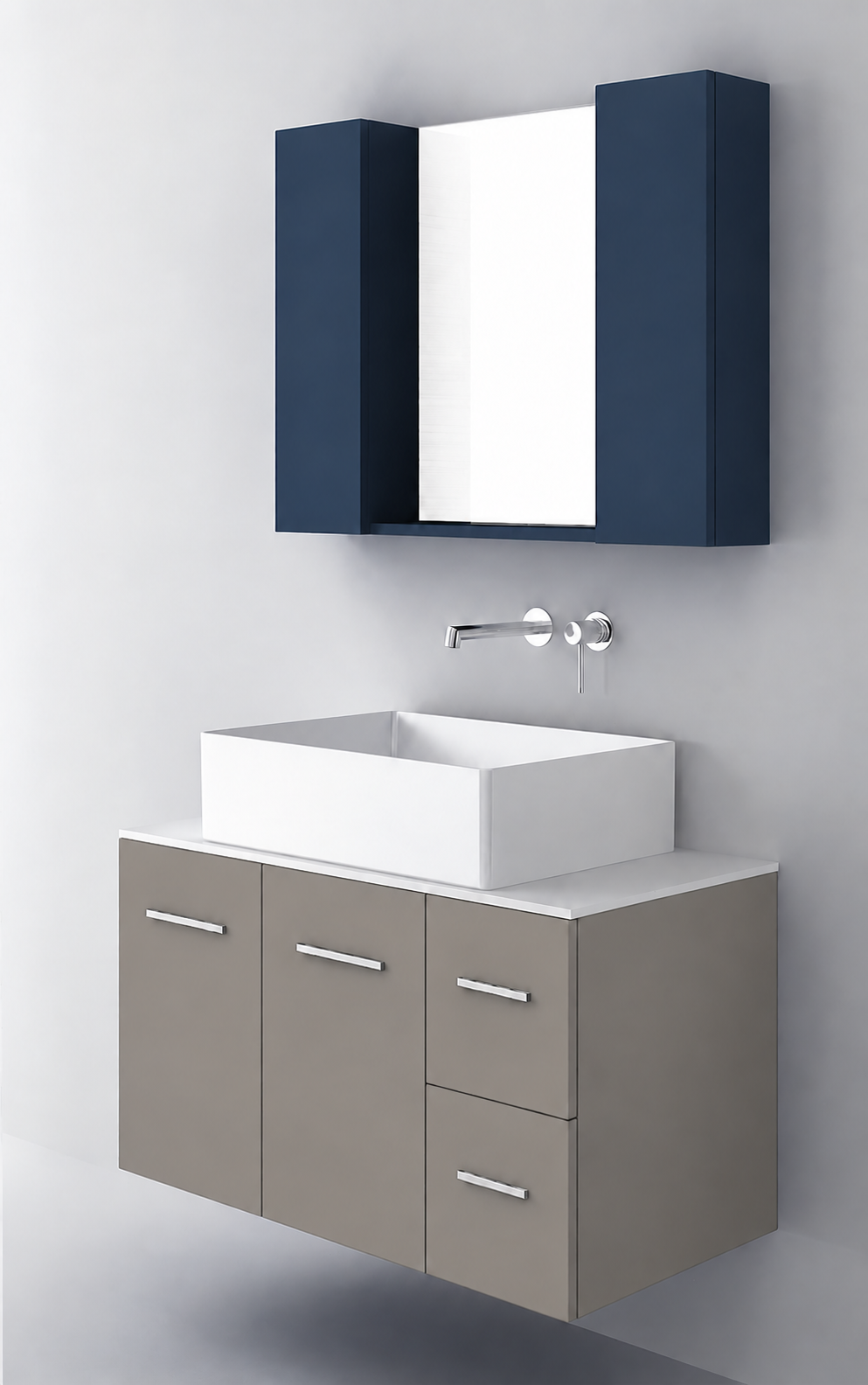 Orabella Solid Surface90 - Finish 194 / White countertop / Two Doors and Two Drawers / Chrome handles