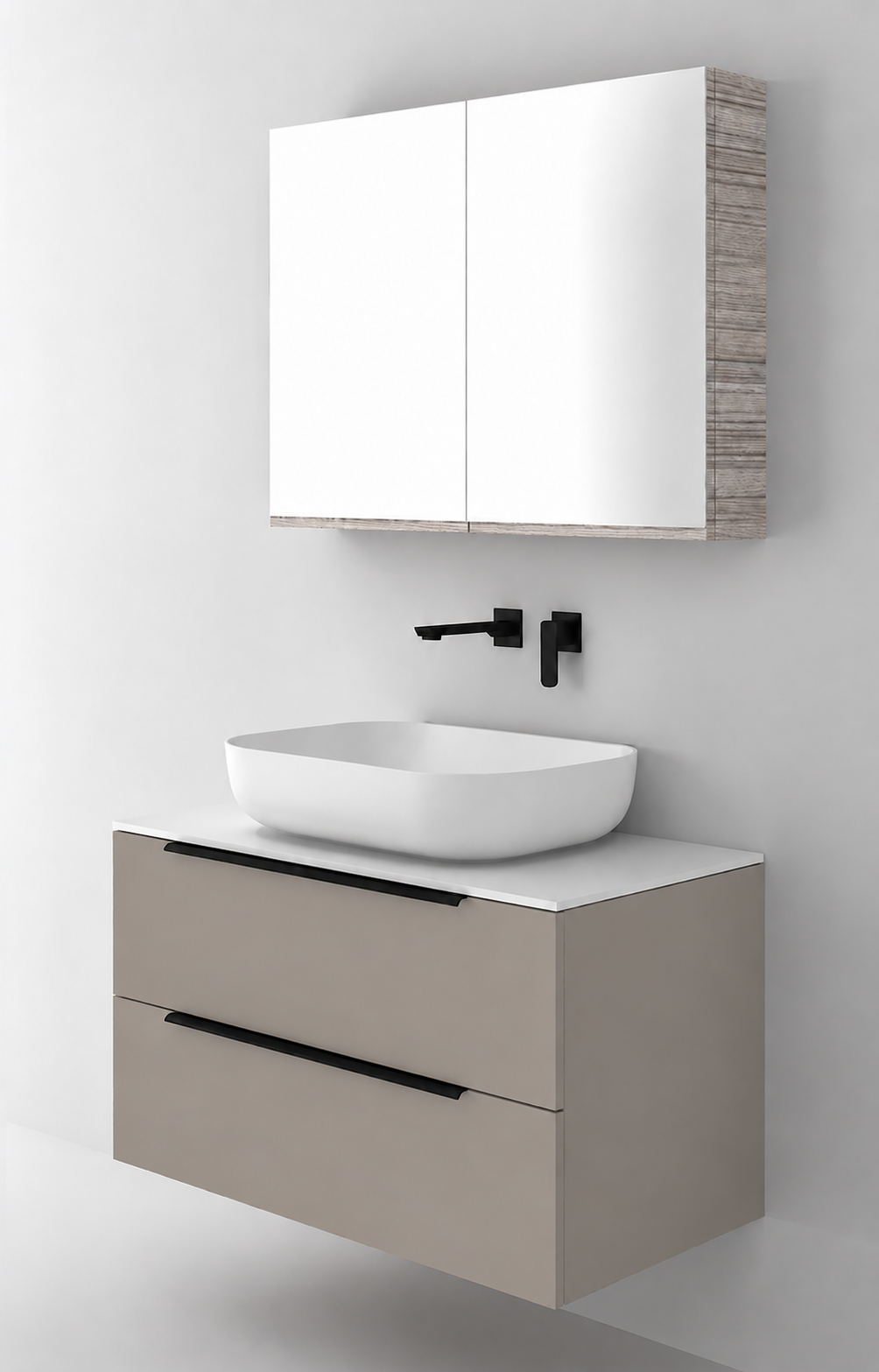 Orabella Solid Surface90 - Laminate 194 / White countertop / Two Drawers / Black handles