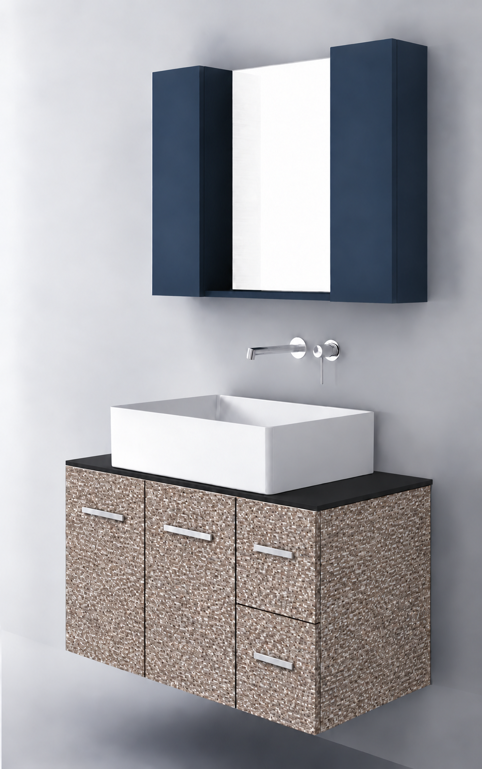 Orabella Solid Surface90 - Finish 245 / Black countertop / Two Doors and Two Drawers / Chrome handles