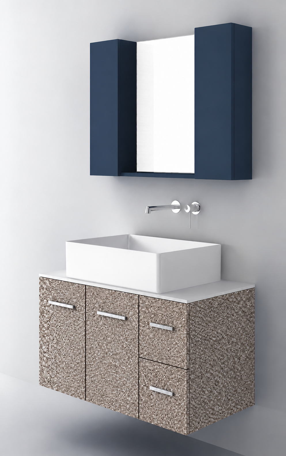 Orabella Solid Surface90 - Finish 245 / White countertop / Two Doors and Two Drawers / Chrome handles