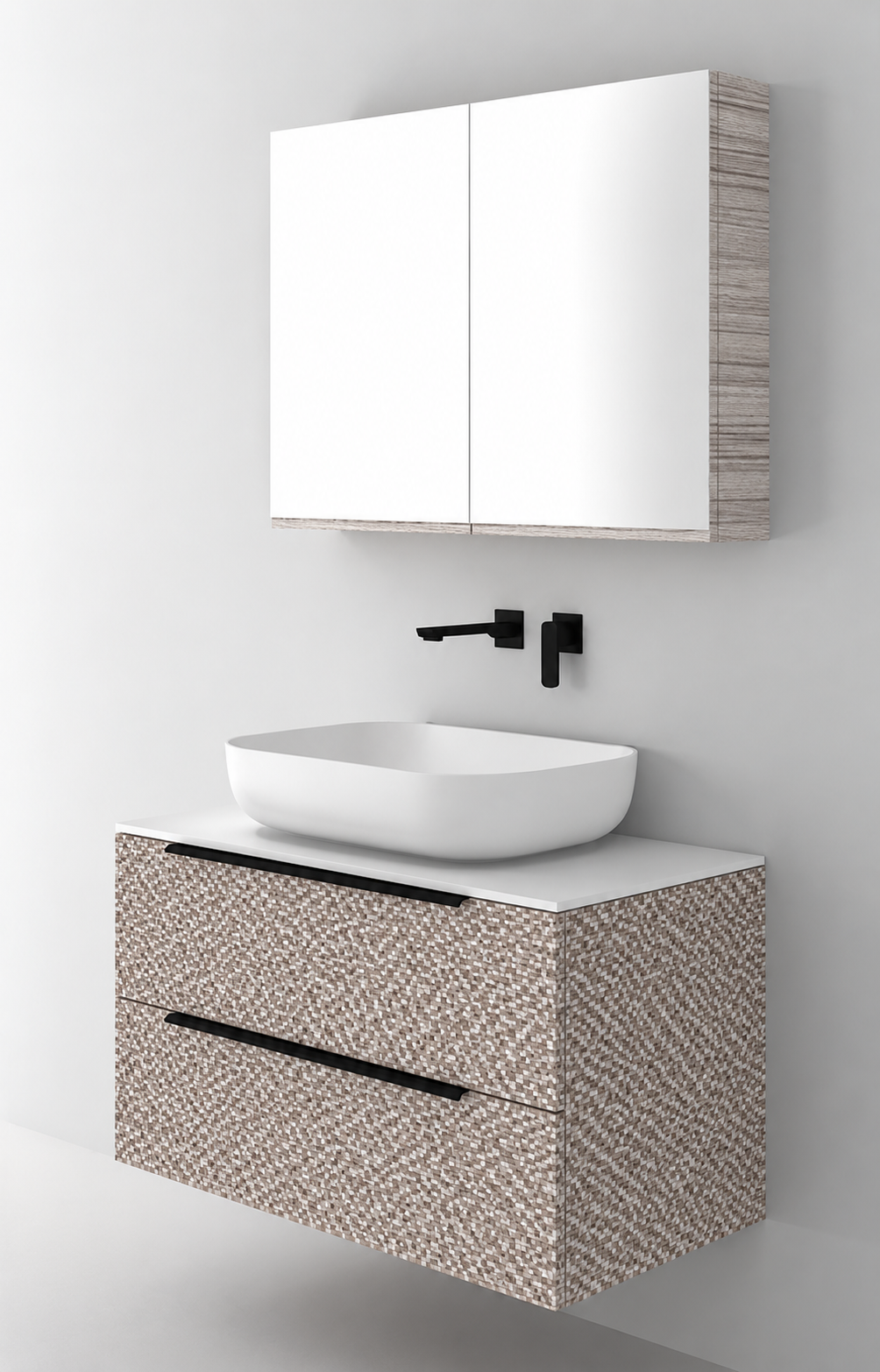 Orabella Solid Surface90 - Laminate 245 / White countertop / Two Drawers / Black handles