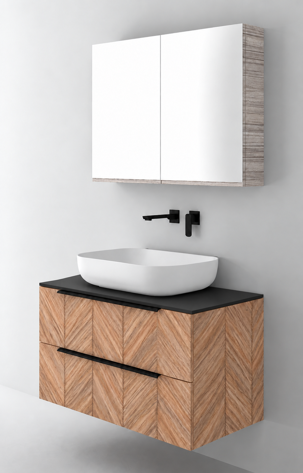 Orabella Solid Surface90 - Laminate 270 / Black countertop / Two Drawers / Black handles