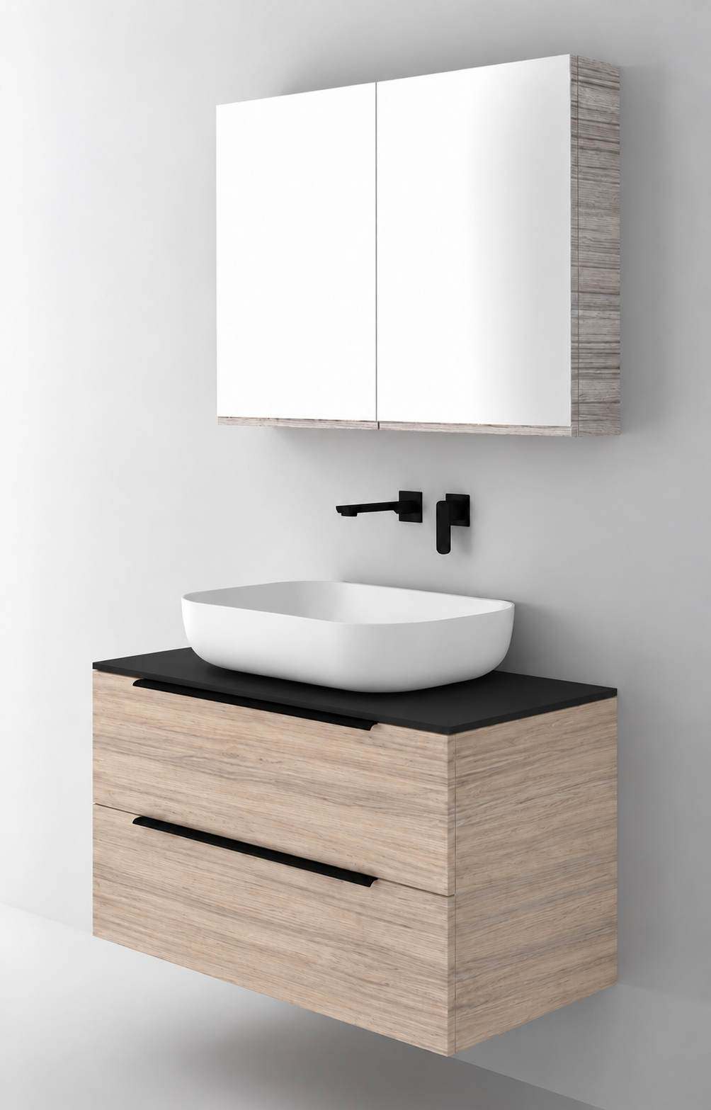 Orabella Solid Surface90 - Laminate 326 / Black countertop / Two Drawers / Black handles