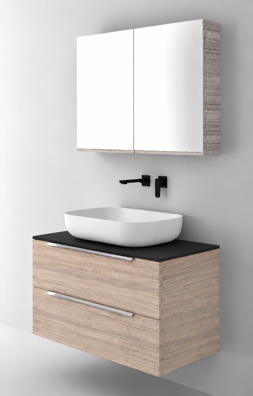 Orabella Solid Surface90 - Finish 326 / Black countertop / Two Drawers / Chrome handles
