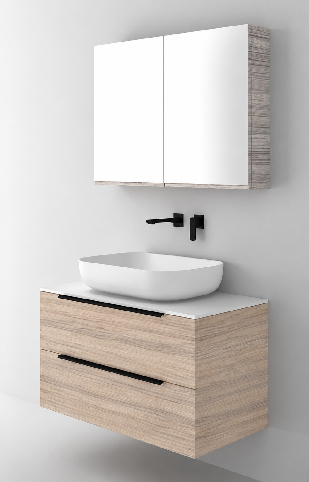 Orabella Solid Surface90 - Laminate 326 / White countertop / Two Drawers / Black handles