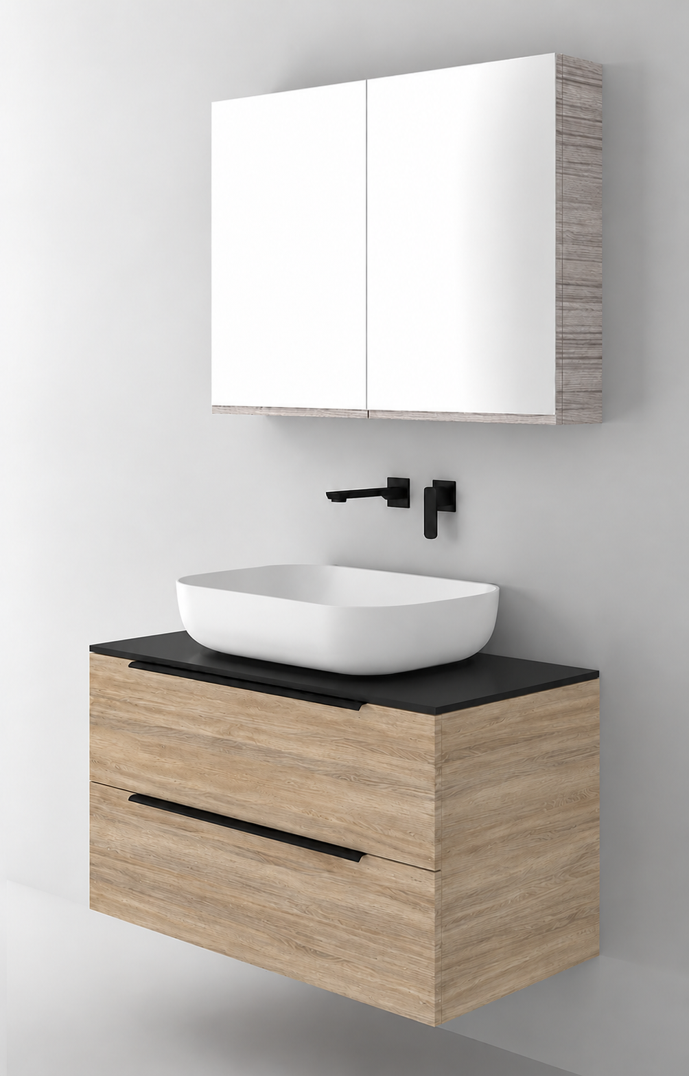 Orabella Solid Surface90 - Laminate 331 / Black countertop / Two Drawers / Black handles