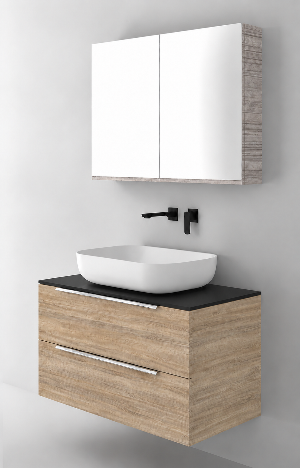 Orabella Solid Surface90 - Finish 331 / Black countertop / Two Drawers / Chrome handles