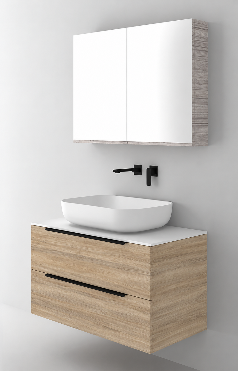 Orabella Solid Surface90 - Laminate 331 / White countertop / Two Drawers / Black handles