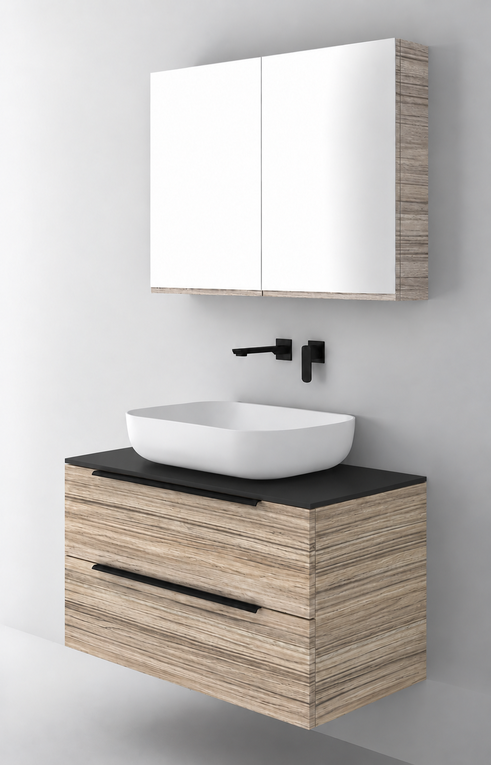 Orabella Solid Surface90 - Laminate 390 / Black countertop / Two Drawers / Black handles