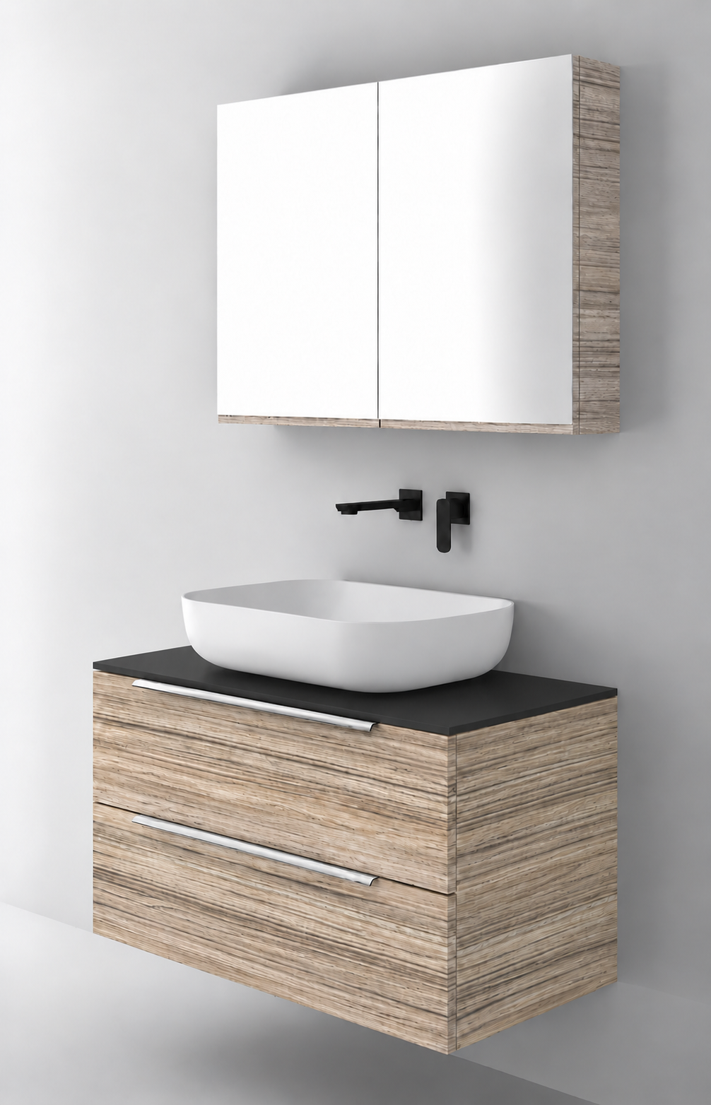 Orabella Solid Surface90 - Finish 390 / Black countertop / Two Drawers / Chrome handles