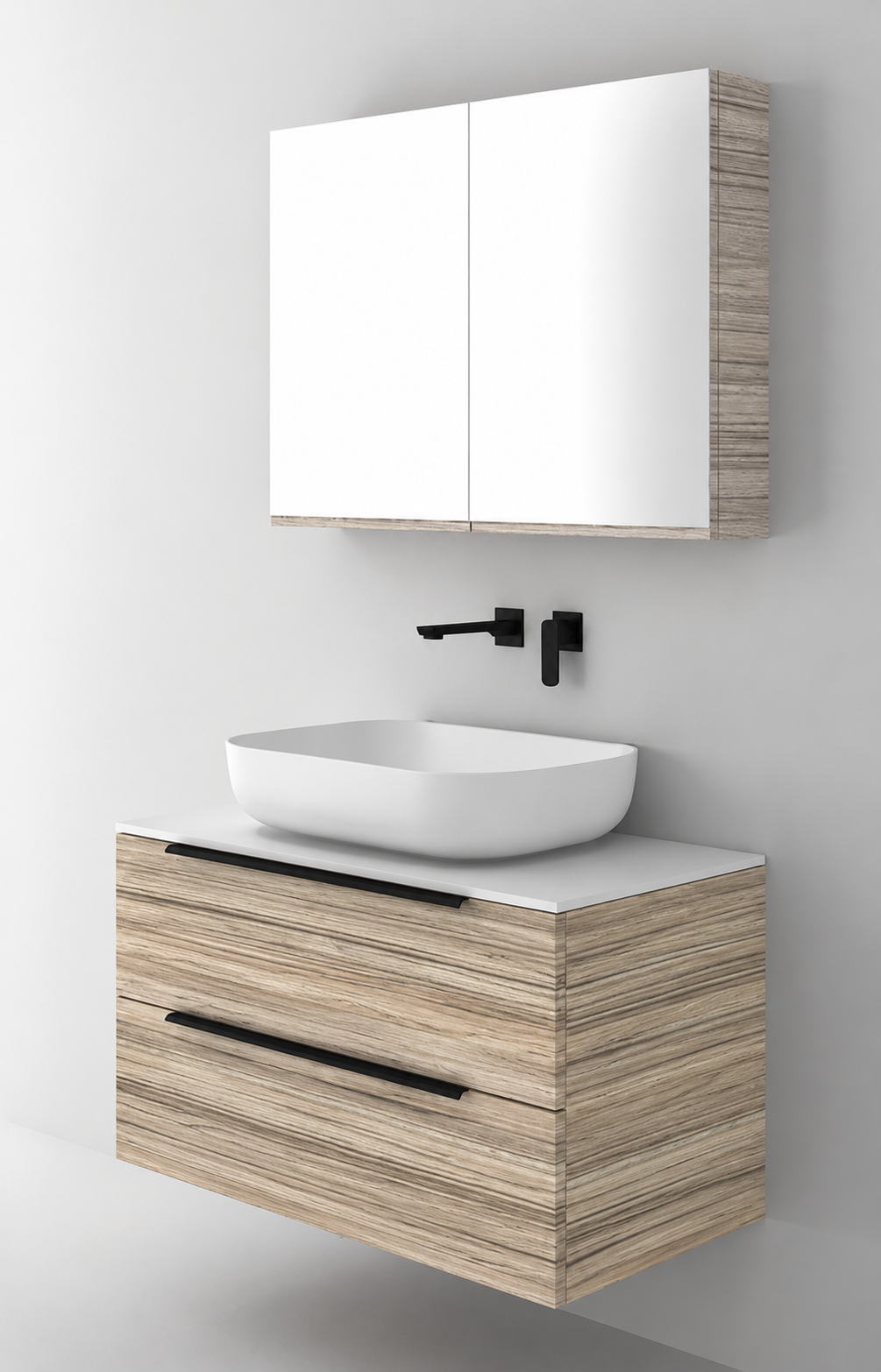 Orabella Solid Surface90 - Laminate 390 / White countertop / Two Drawers / Black handles
