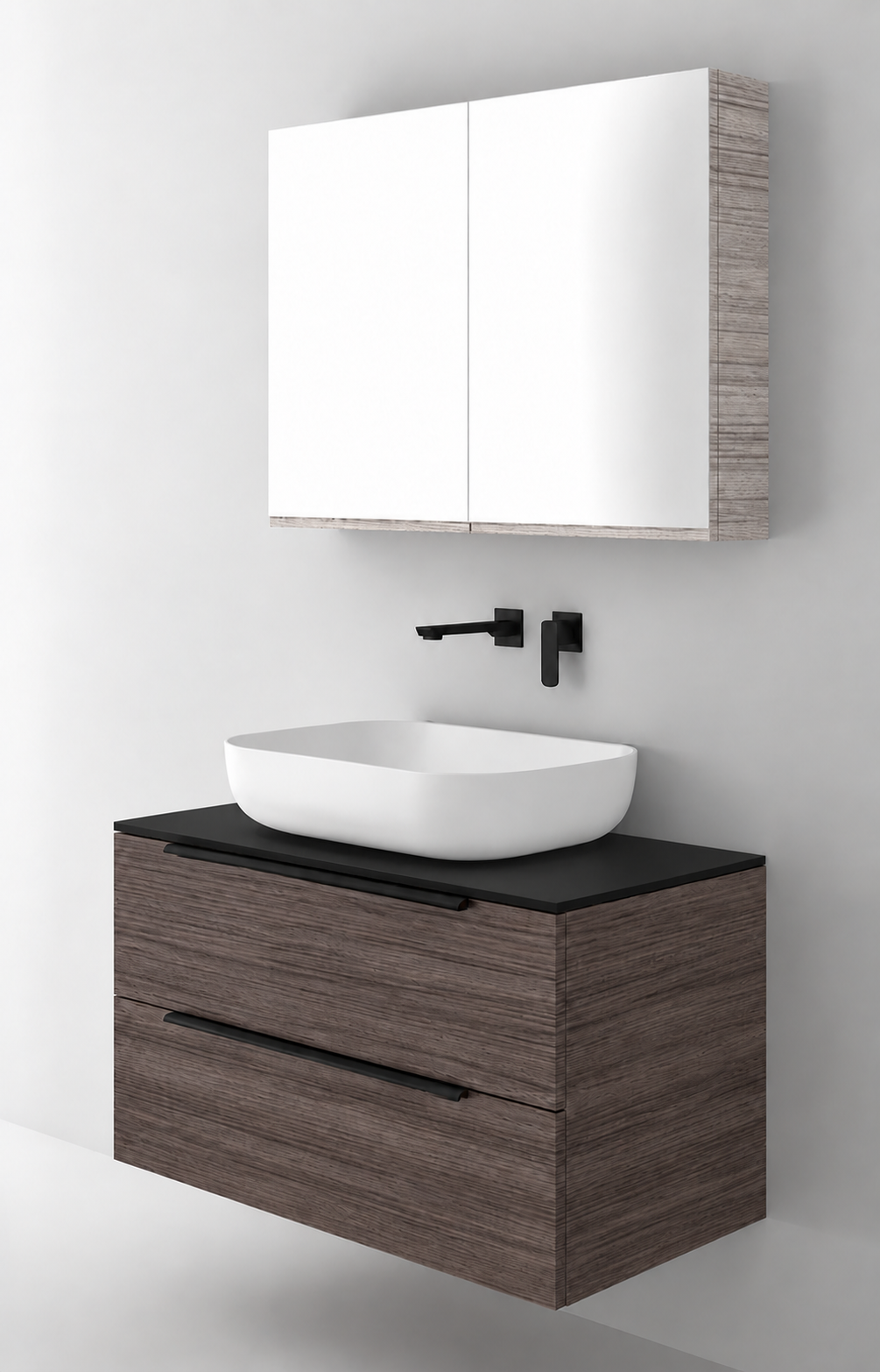Orabella Solid Surface90 - Laminate 399 / Black countertop / Two Drawers / Black handles