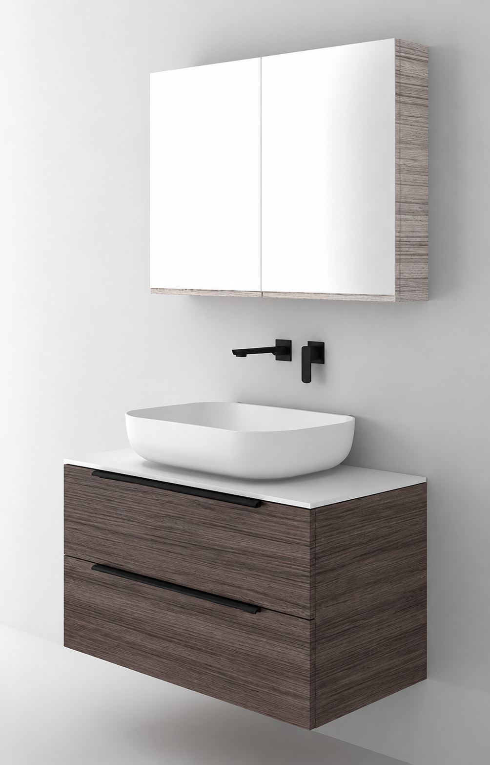 Orabella Solid Surface90 - Laminate 399 / White countertop / Two Drawers / Black handles