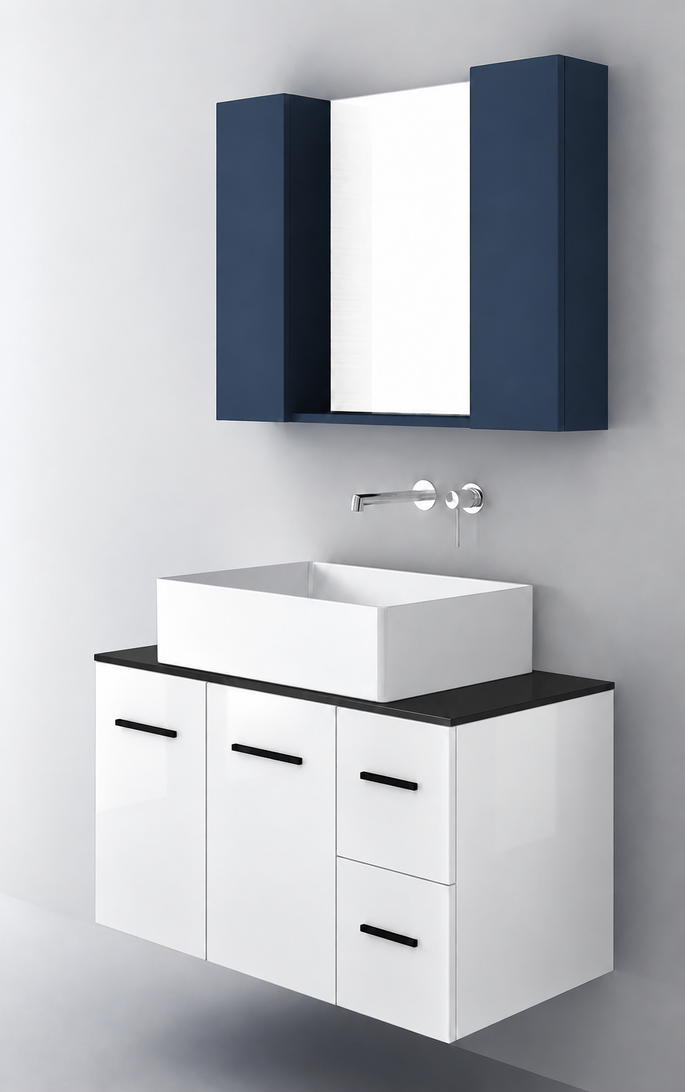 Orabella Solid Surface90 - Finish 6010 / Black countertop / Two Doors and Two Drawers / Black handles
