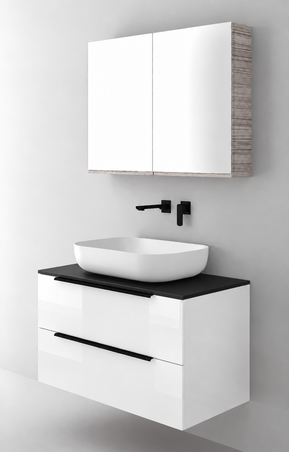 Orabella Solid Surface90 - Acrylic MDF 6010 / Black countertop / Two Drawers / Black handles