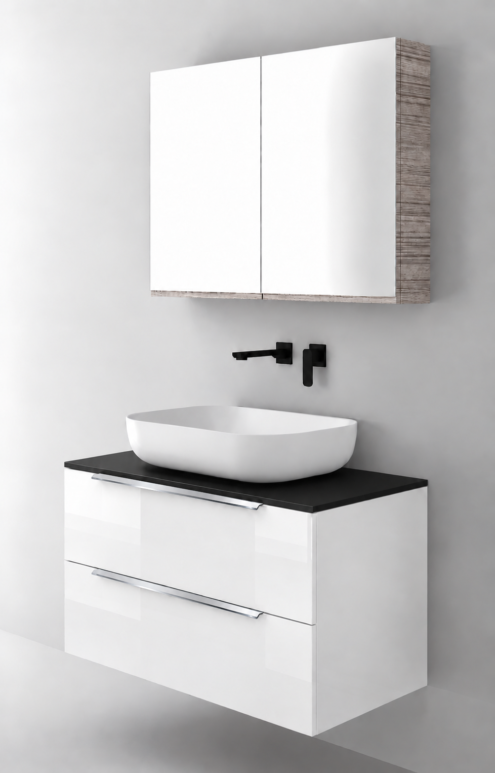 Orabella Solid Surface90 - Finish 6010 / Black countertop / Two Drawers / Chrome handles