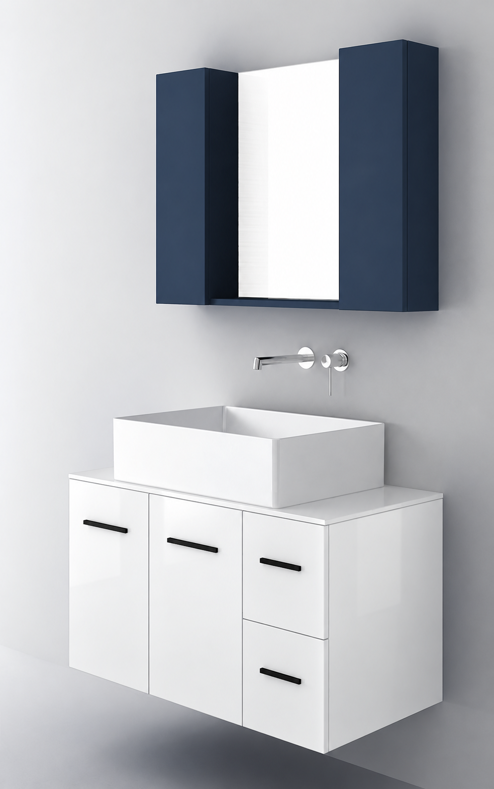 Orabella Solid Surface90 - Finish 6010 / White countertop / Two Doors and Two Drawers / Black handles