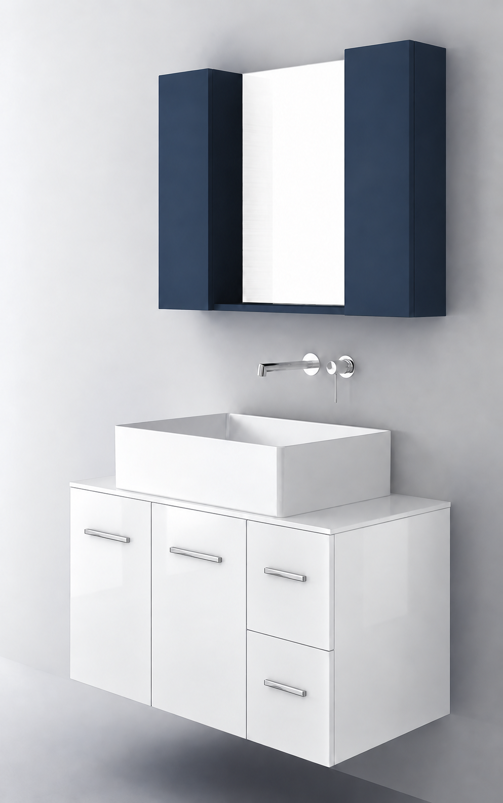 Orabella Solid Surface90 - Finish 6010 / White countertop / Two Doors and Two Drawers / Chrome handles