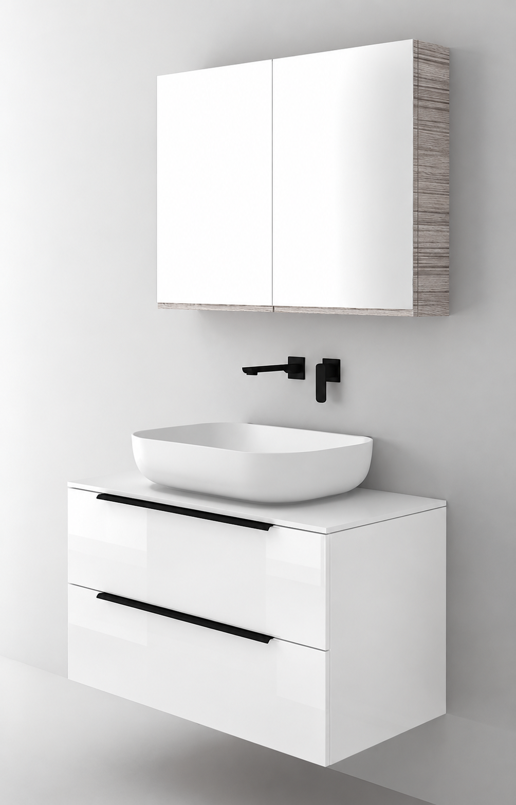 Orabella Solid Surface90 - Acrylic MDF 6010 / White countertop / Two Drawers / Black handles