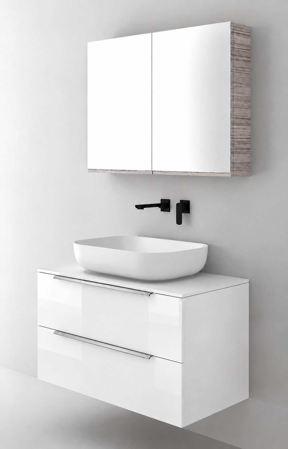 Orabella Solid Surface90 - Finish 6010 / White countertop / Two Drawers / Chrome handles