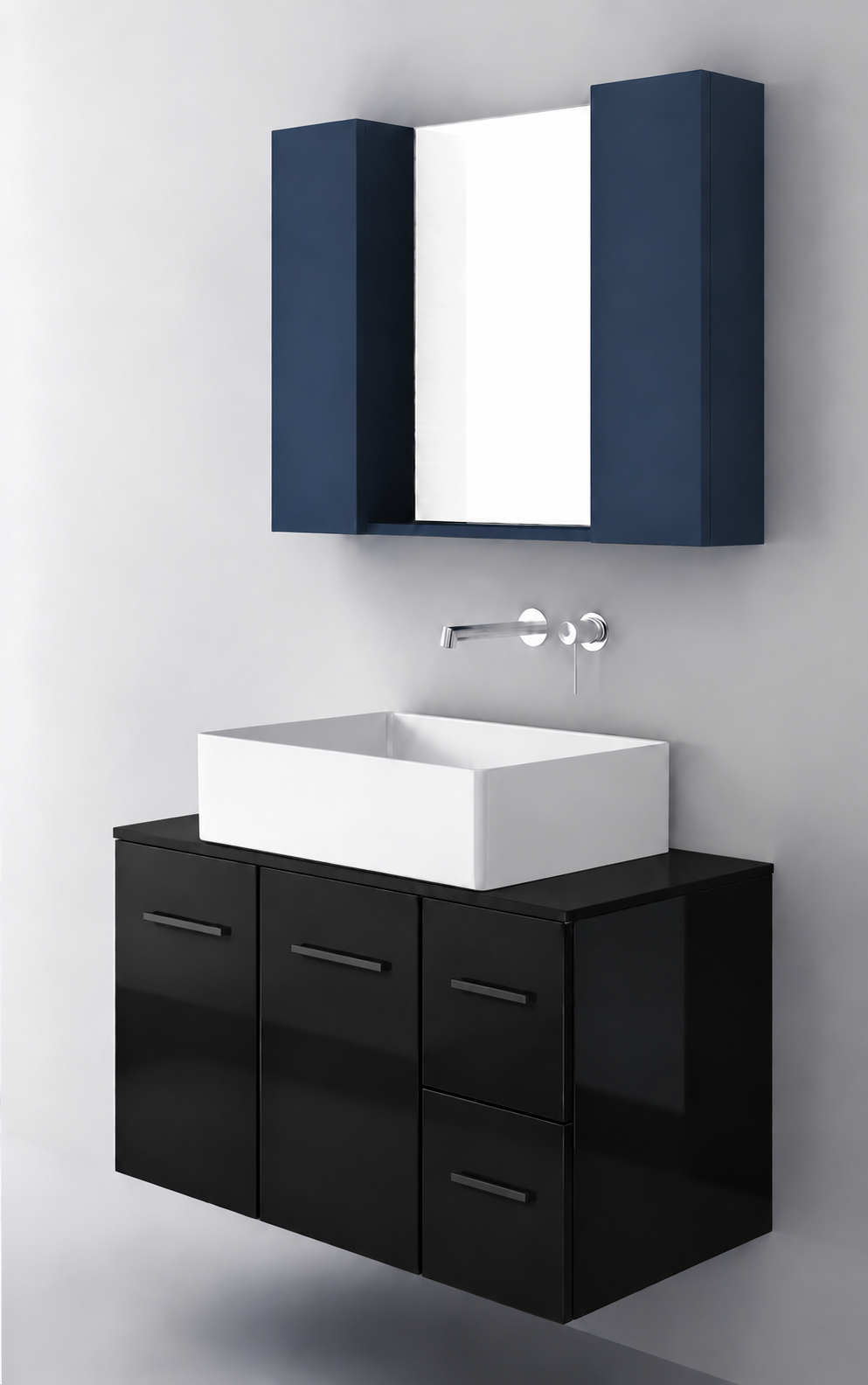 Orabella Solid Surface90 - Finish 6040 / Black countertop / Two Doors and Two Drawers / Black handles
