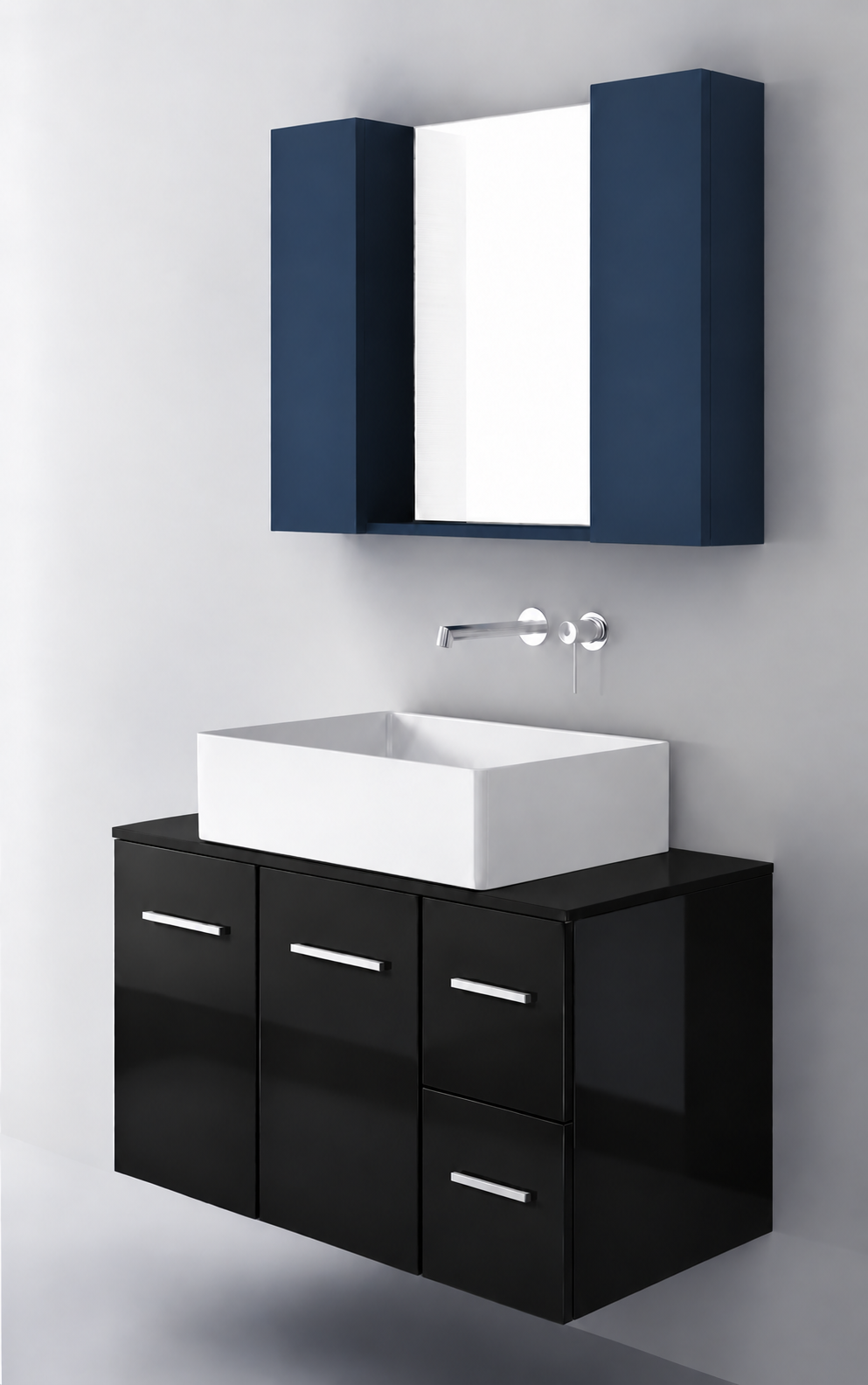 Orabella Solid Surface90 - Finish 6040 / Black countertop / Two Doors and Two Drawers / Chrome handles