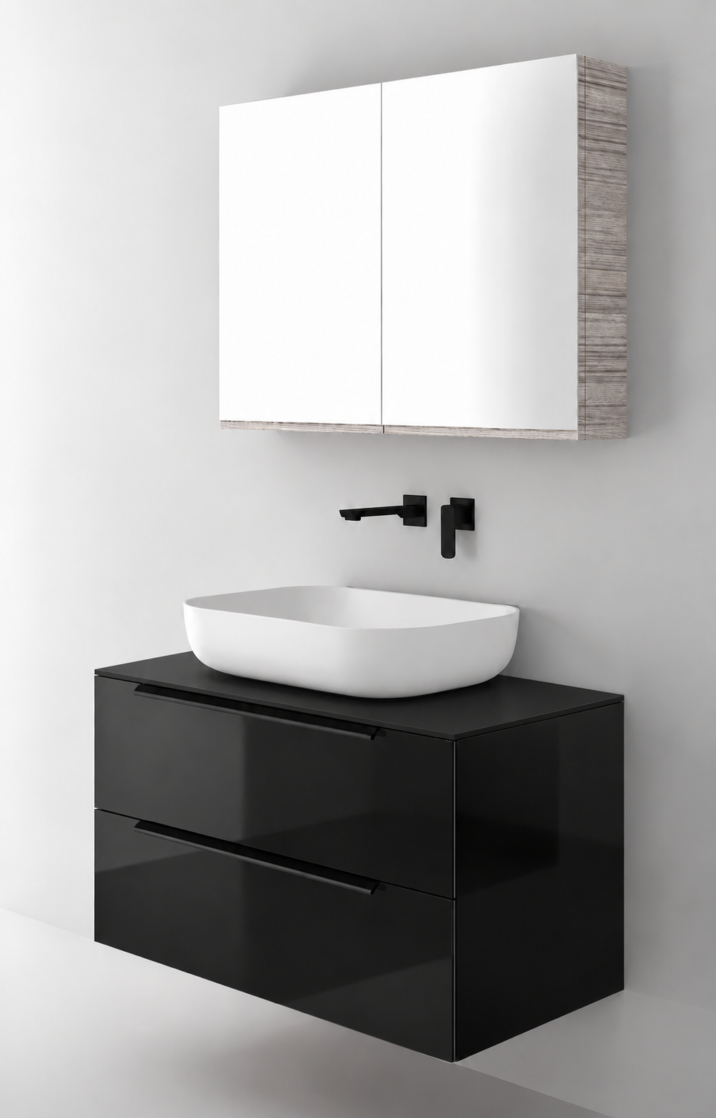 Orabella Solid Surface90 - Acrylic MDF 6040 / Black countertop / Two Drawers / Black handles