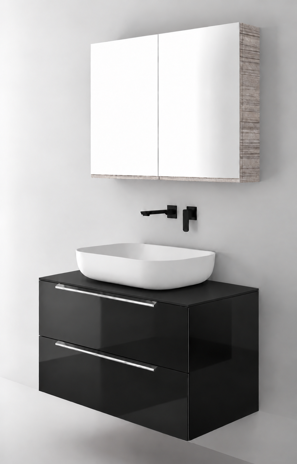 Orabella Solid Surface90 - Finish 6040 / Black countertop / Two Drawers / Chrome handles