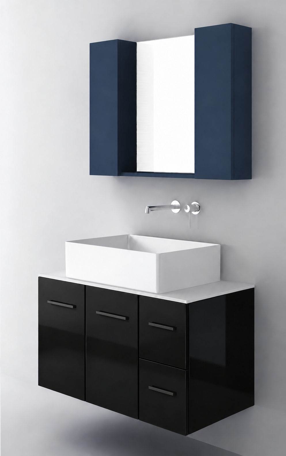 Orabella Solid Surface90 - Finish 6040 / White countertop / Two Doors and Two Drawers / Black handles