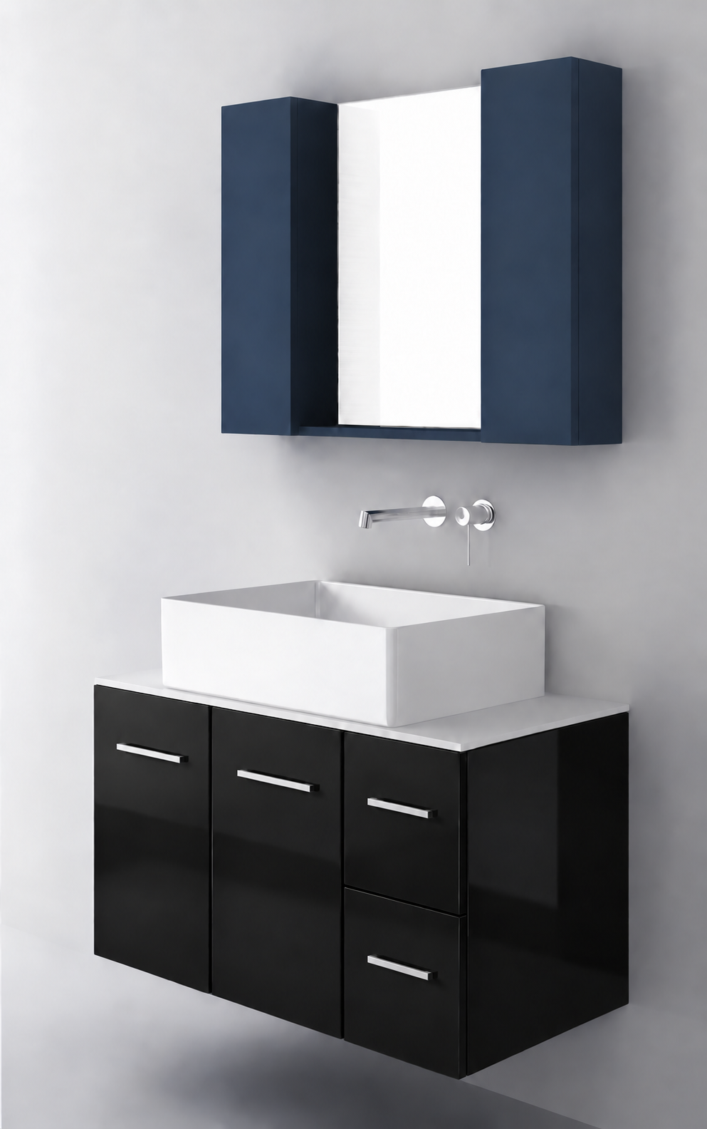 Orabella Solid Surface90 - Finish 6040 / White countertop / Two Doors and Two Drawers / Chrome handles