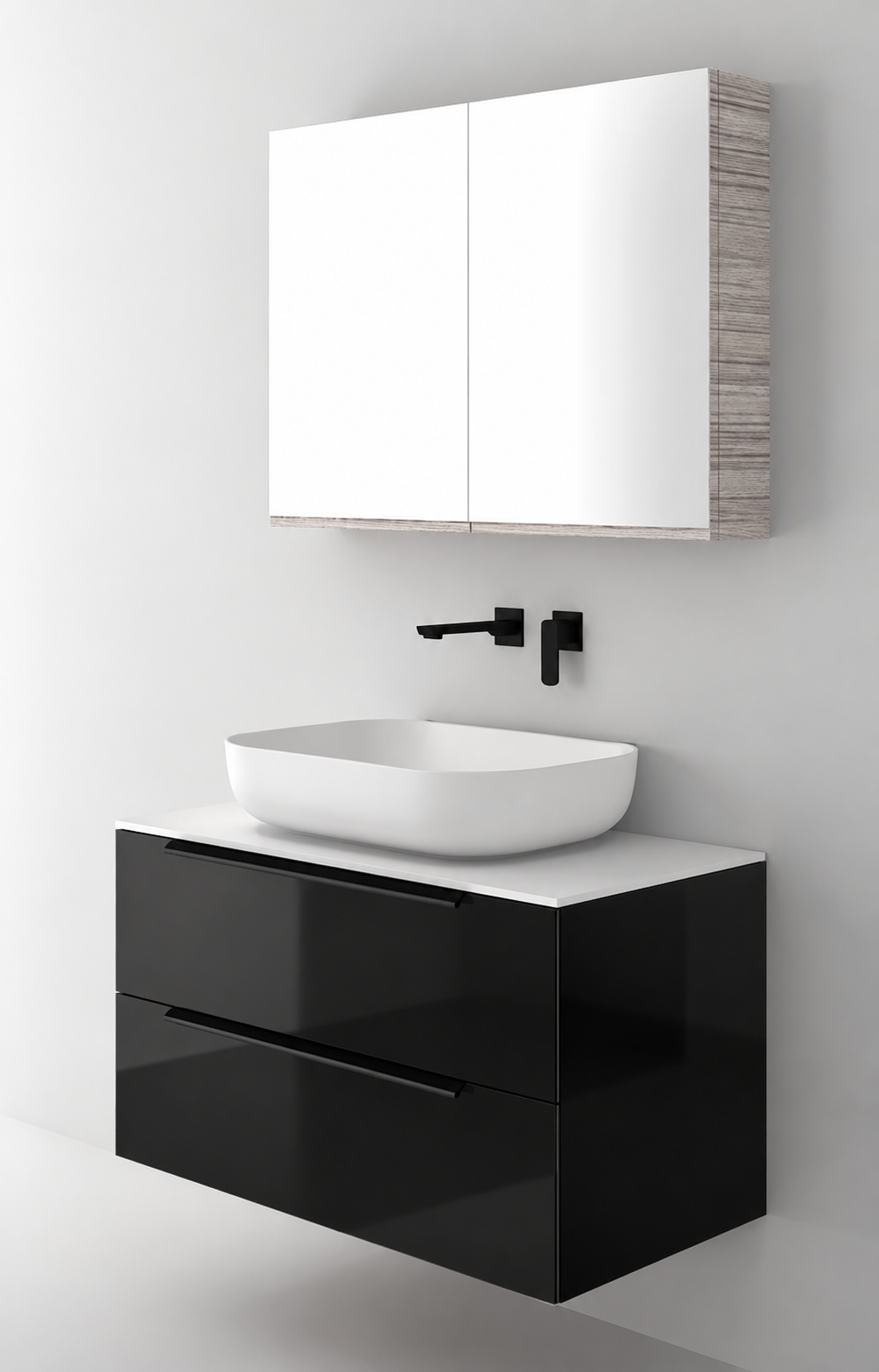Orabella Solid Surface90 - Acrylic MDF 6040 / White countertop / Two Drawers / Black handles