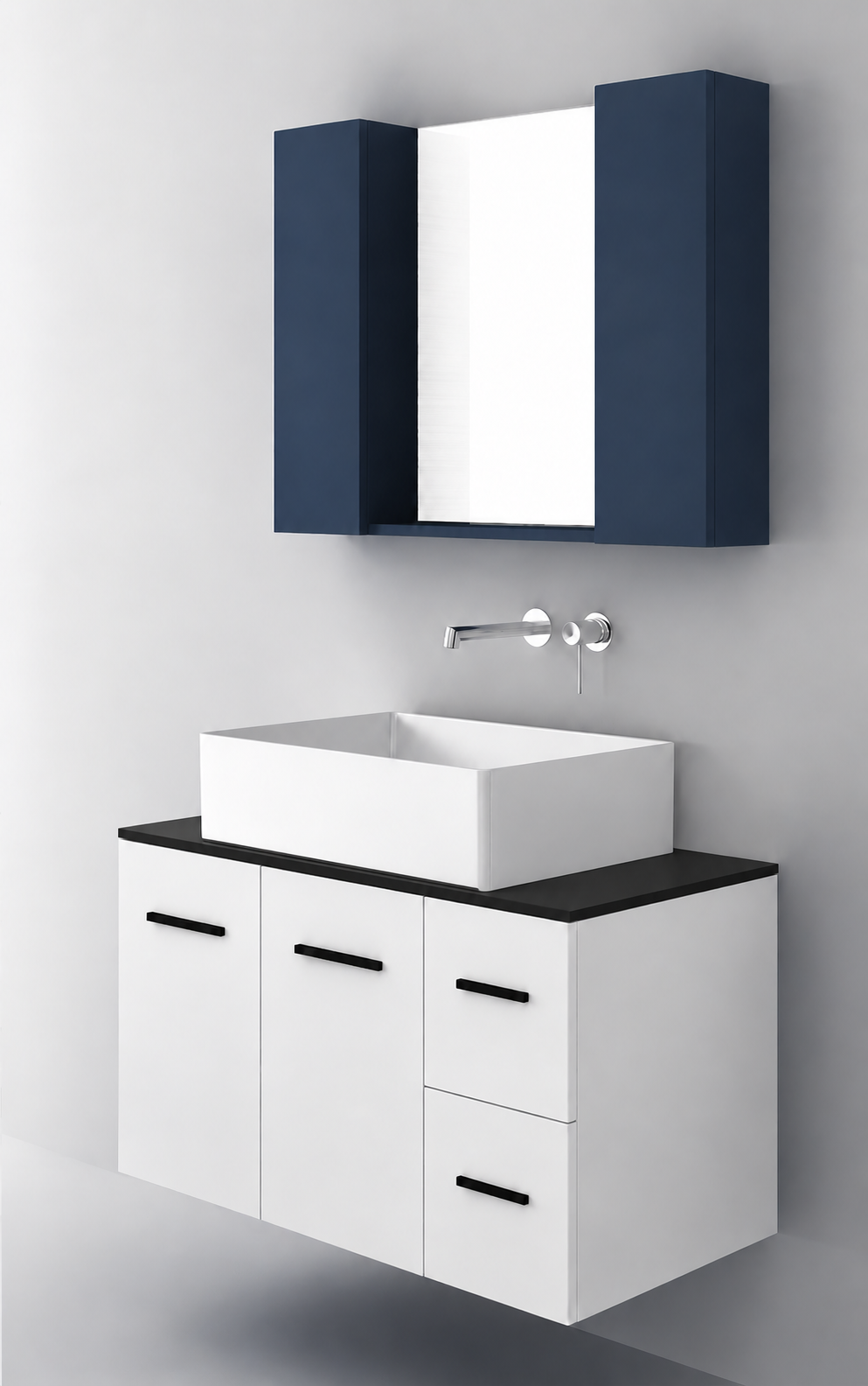 Orabella Solid Surface90 - Finish 6080 / Black countertop / Two Doors and Two Drawers / Black handles