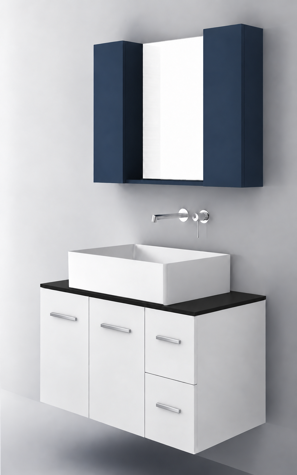 Orabella Solid Surface90 - Finish 6080 / Black countertop / Two Doors and Two Drawers / Chrome handles