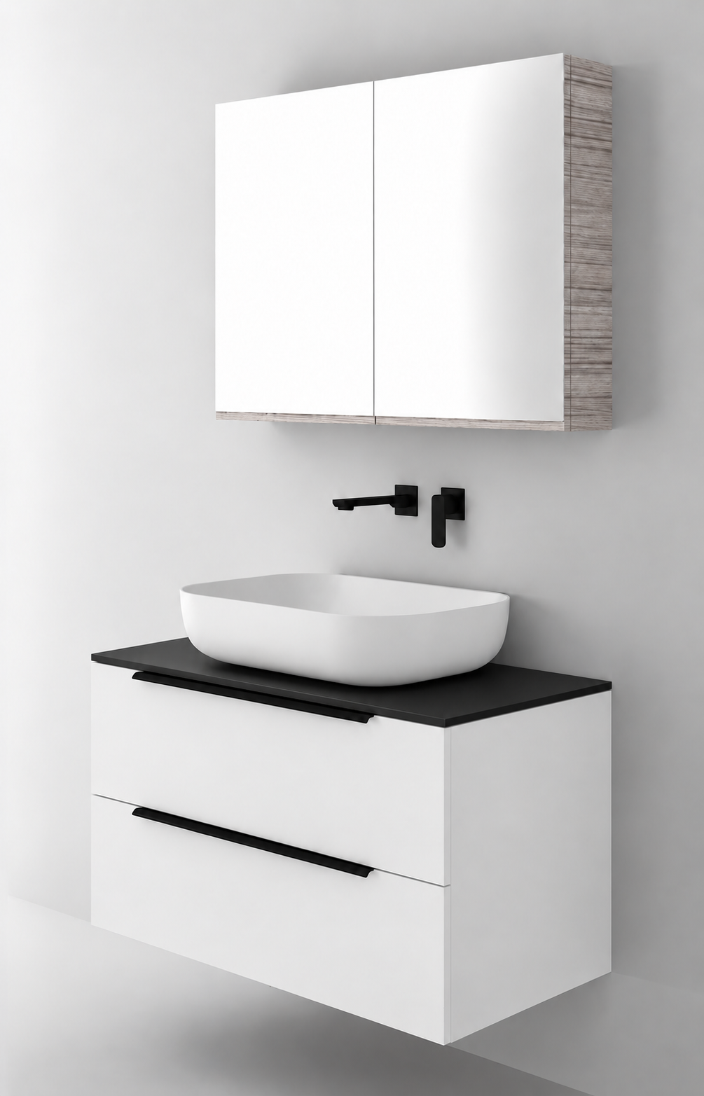 Orabella Solid Surface90 - Matt MDF 6080 / Black countertop / Two Drawers / Black handles
