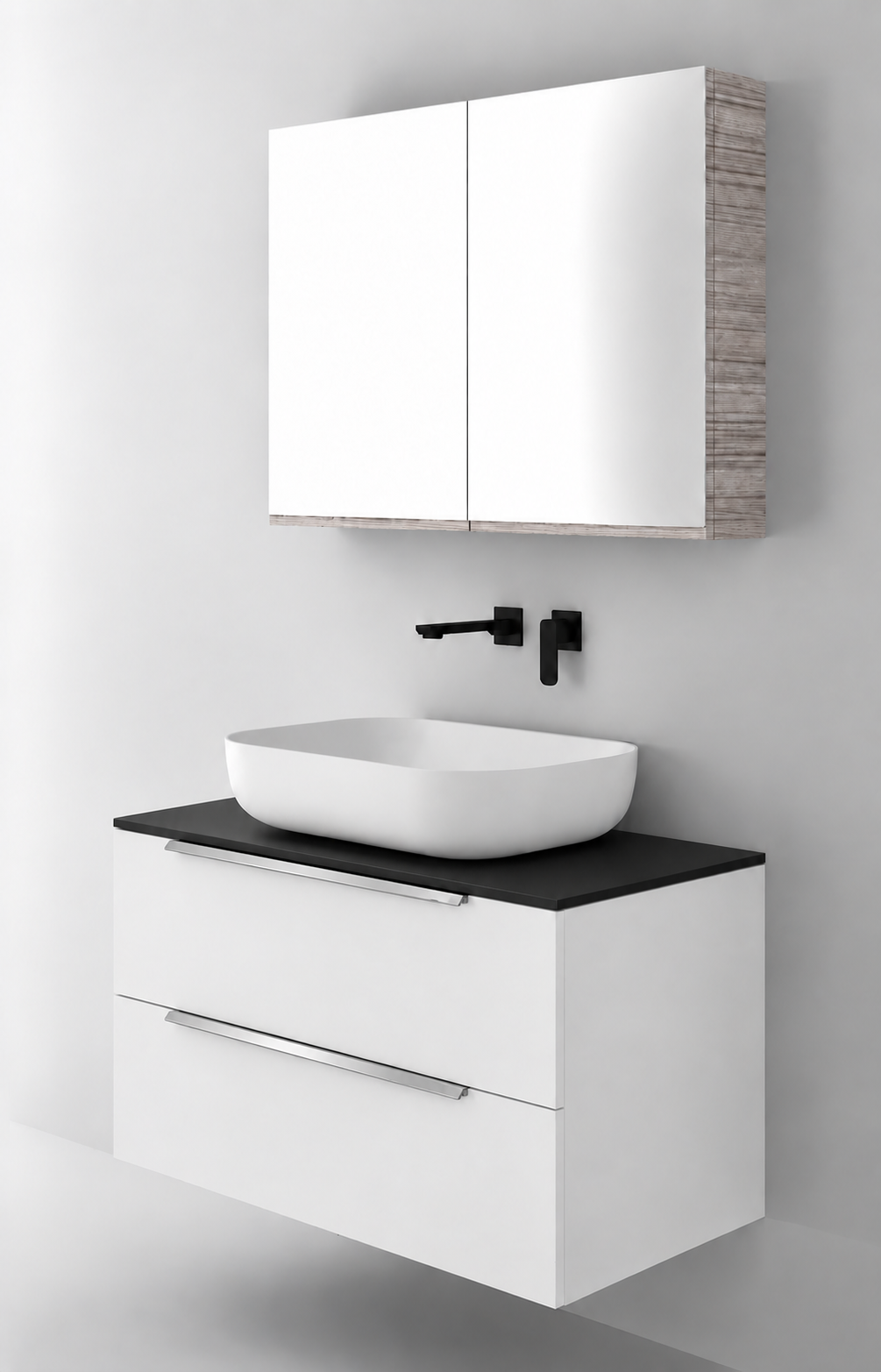 Orabella Solid Surface90 - Finish 6080 / Black countertop / Two Drawers / Chrome handles