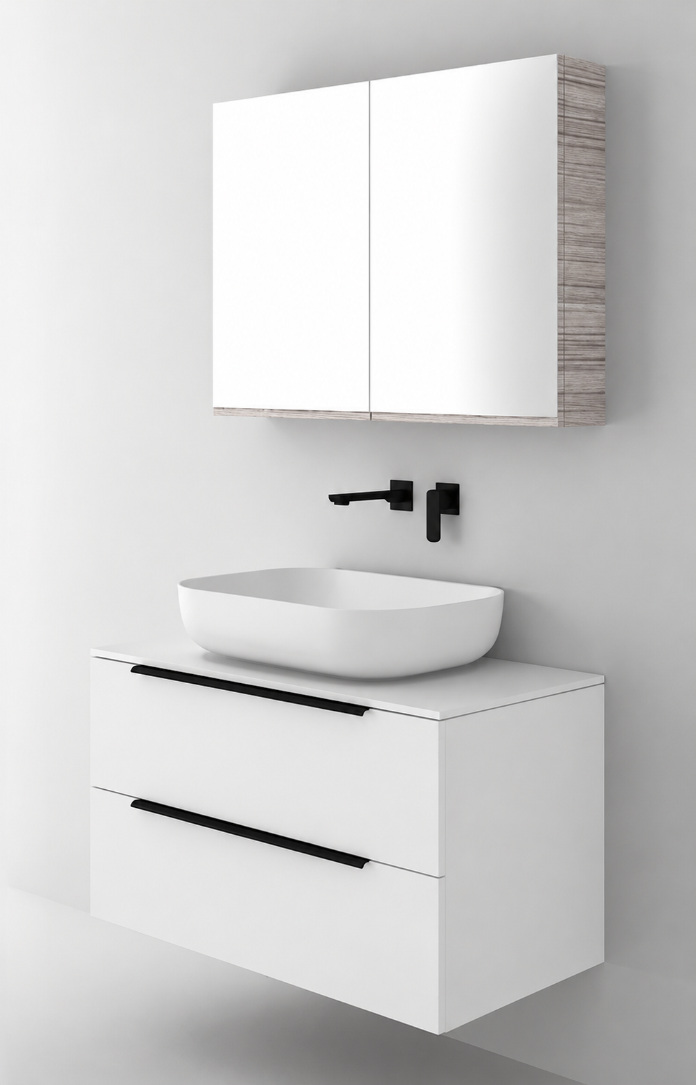 Orabella Solid Surface90 - Matt MDF 6080 / White countertop / Two Drawers / Black handles