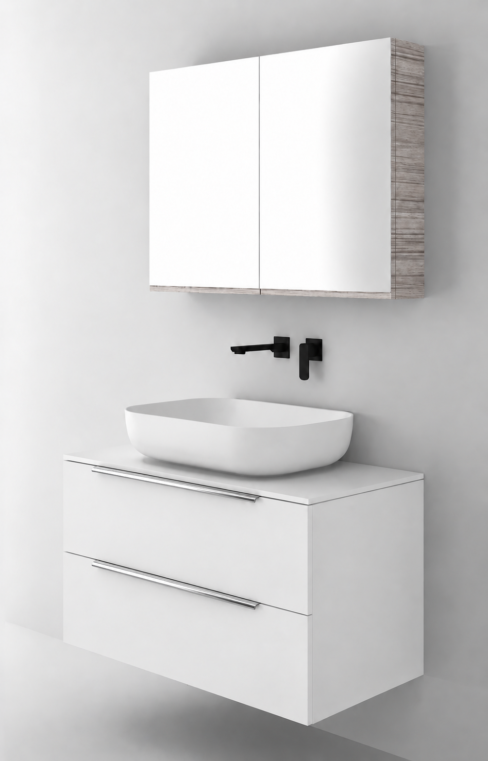 Orabella Solid Surface90 - Finish 6080 / White countertop / Two Drawers / Chrome handles