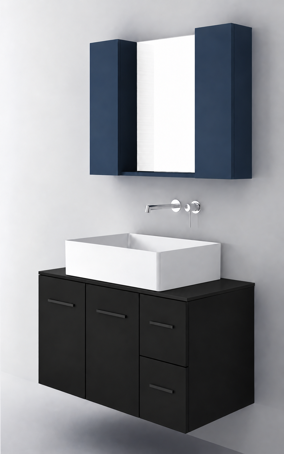 Orabella Solid Surface90 - Finish 6090 / Black countertop / Two Doors and Two Drawers / Black handles