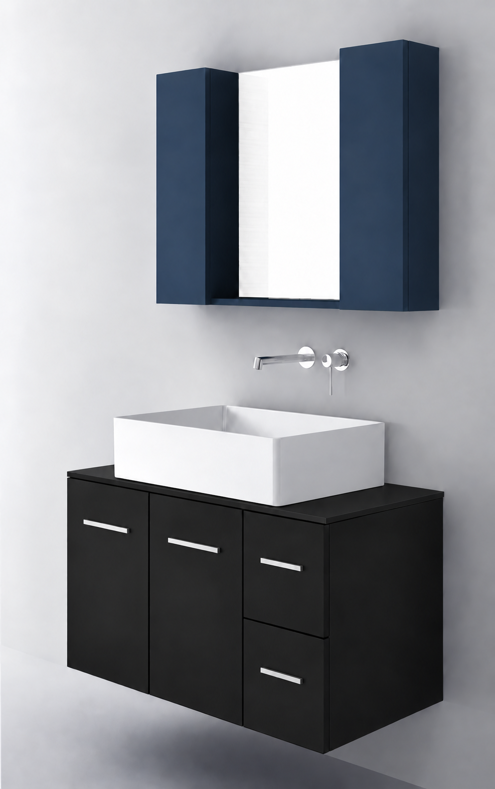 Orabella Solid Surface90 - Finish 6090 / Black countertop / Two Doors and Two Drawers / Chrome handles