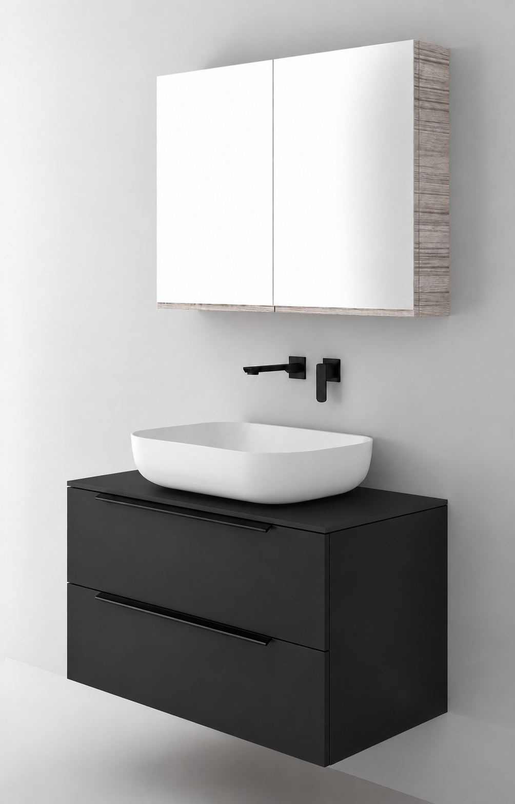 Orabella Solid Surface90 - Matt MDF 6090 / Black countertop / Two Drawers / Black handles