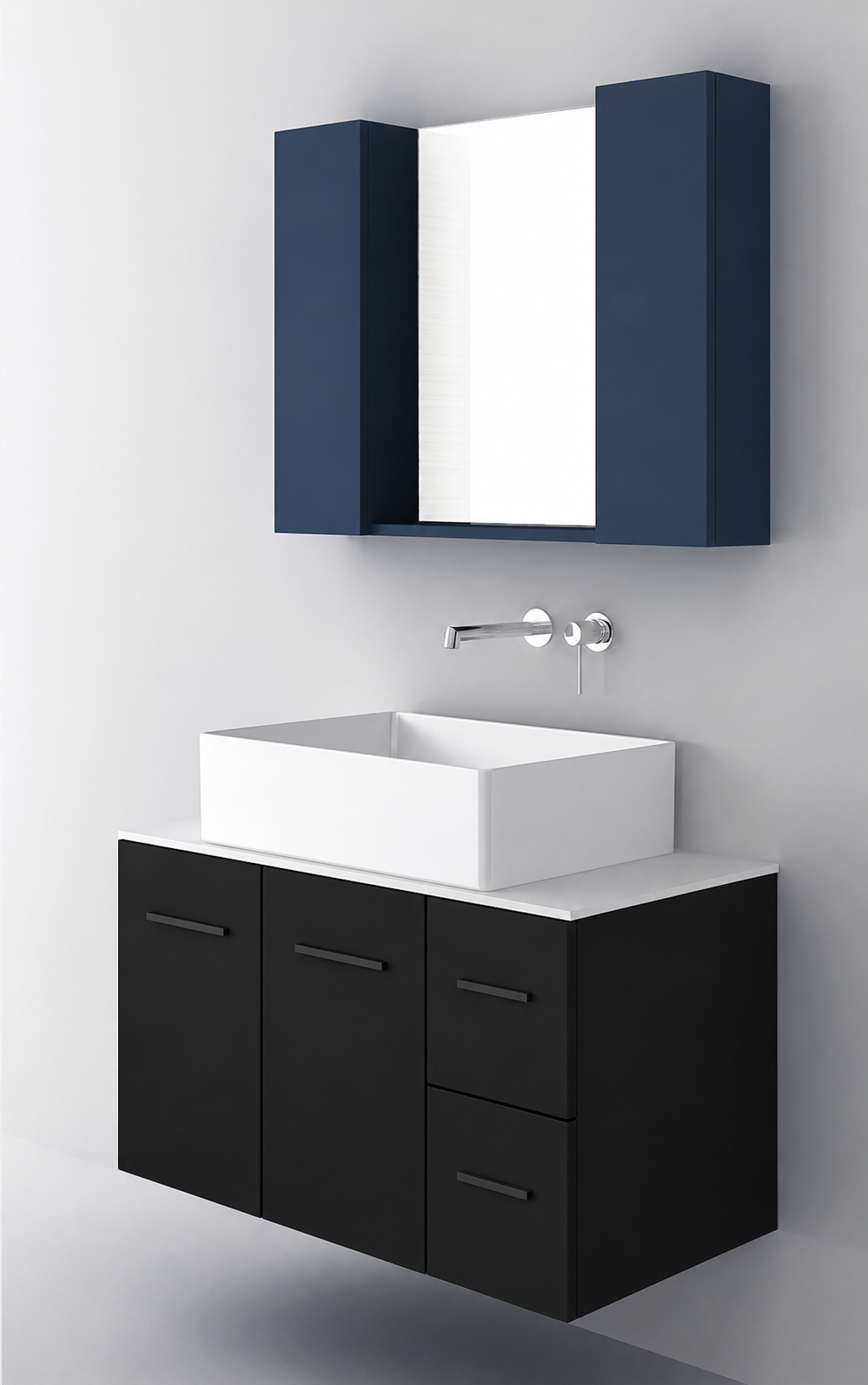 Orabella Solid Surface90 - Finish 6090 / White countertop / Two Doors and Two Drawers / Black handles